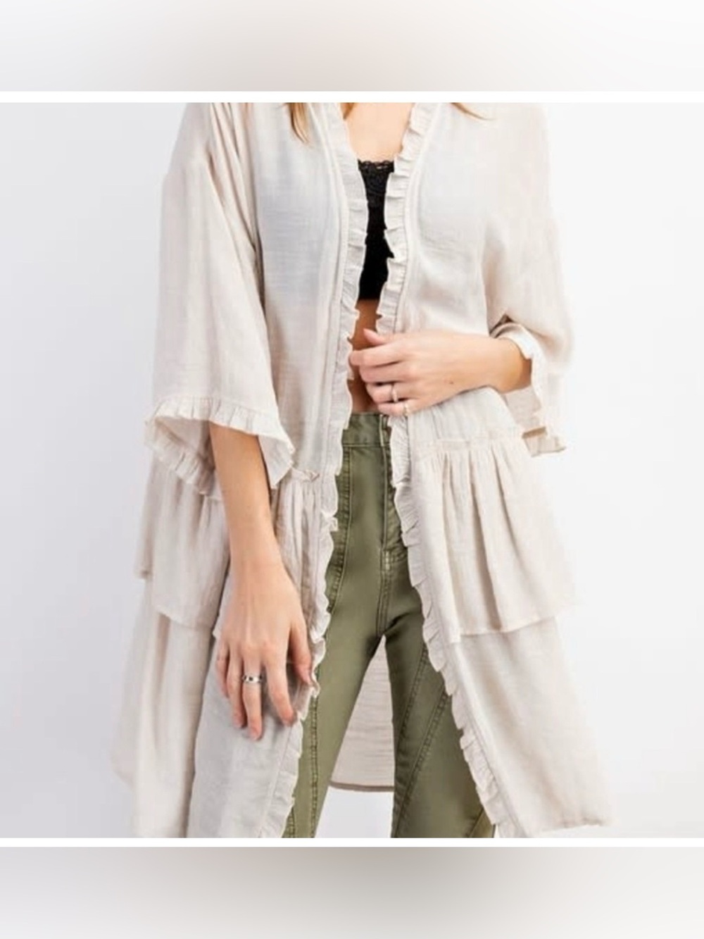 Easel Size 1X Lightweight Boho Ruffle Tiered Soft Cream/Gray Open Cardigan